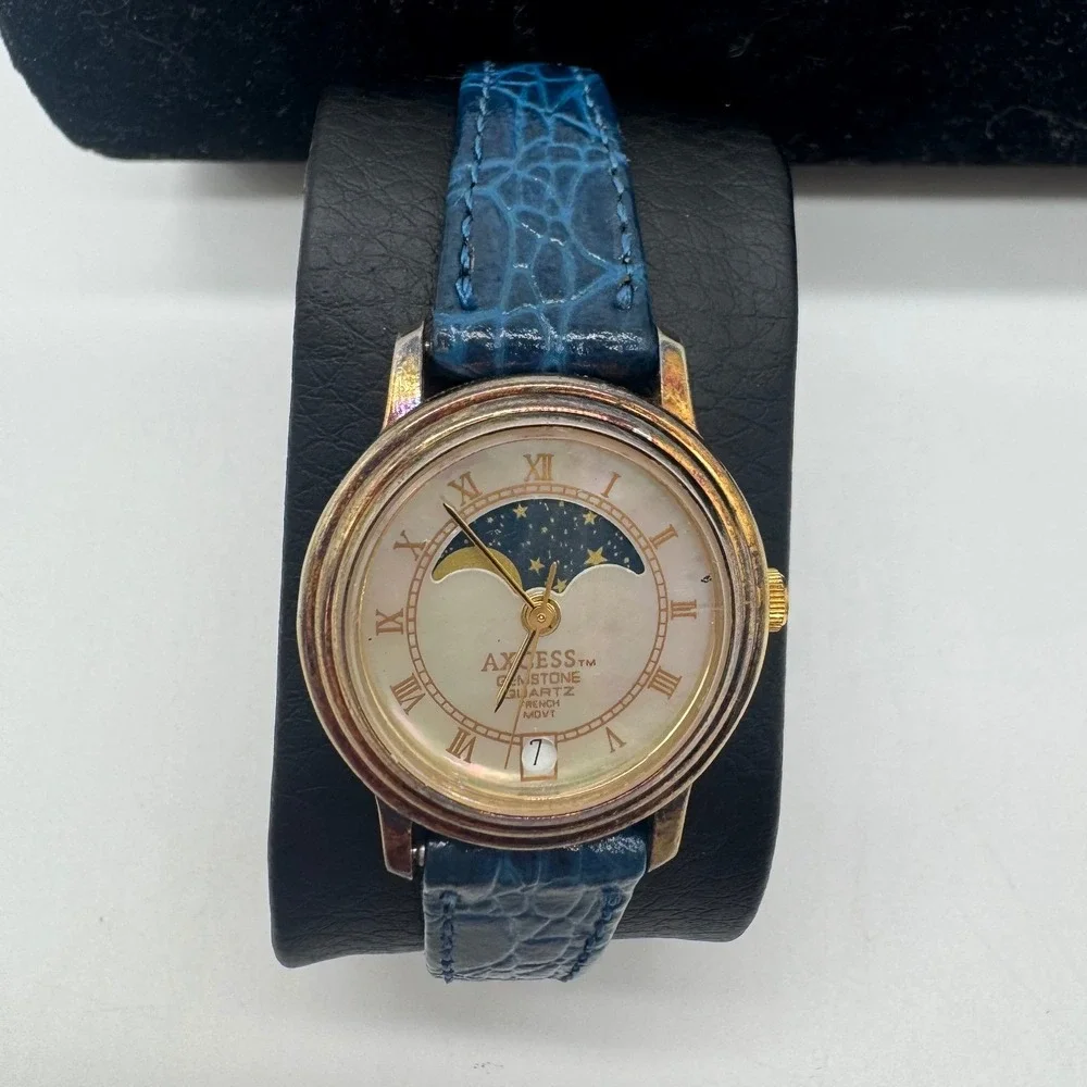 Axcess Gemstone Moon Phase Watch Blue Leather Strap Mother of Pearl parts